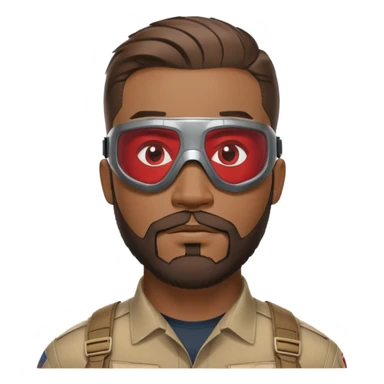 sam wilson with a close to the scalp hair  and  a well-groomed beard that connects to his mustache,  wear sleek, red-tinted tactical goggles fit snugly from captain america: civil war sticker
