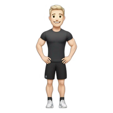 Joyful Celebrating victory Pale skinned Fit Man With the biceps and dark brown hair in black shirt, gray sports shorts and white Sneakers sticker