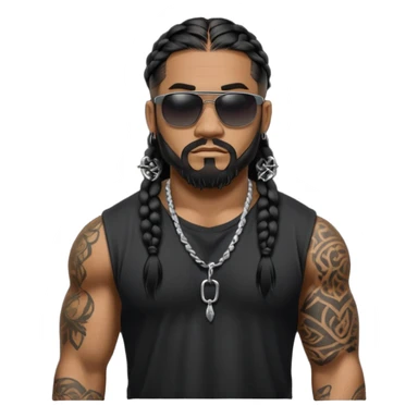 Samoan male. Chin beard 
Untucked loose fitting black t-shirt. 
long black braided hair.
very muscular.
Even More tattoos. 
Tough and menacing.
Dark black square sunglasses. sticker