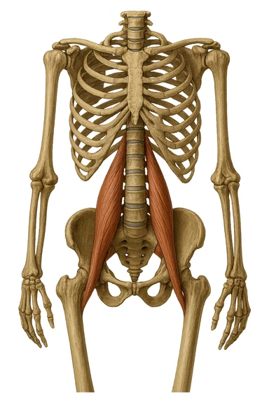 fai un immagine identica che riguarda IL MUSCOLO PSOAS i in evidenza (anatomicO) con colori naturali di un corpo umano. falla iperrealistica anatomica in 4k sticker