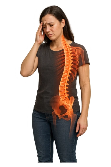 donna stanca a figura intera che si tiene una mano sulla tempia con spina dorsale anatomica visibile, iperrealistico 4k sticker