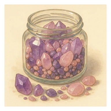 realistic amethyst and rose quartz crystal pieces in an open glass jar, different shapes and sizes, pretty small pebbles, mixed together, natural colors, soft, fairy-like atmosphere, no background, square size sticker