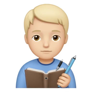 simplified human character holding a notebook and pen, thoughtful facial expression, slightly tilted head, planning life and goals, calm and focused mood, flat custom emoji sticker, pastel colors, rounded shapes, minimal details, thick outline, white background, no text sticker