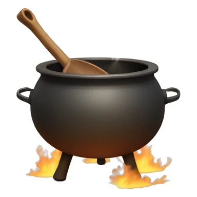 smoldering cauldron with wooden spoon sticking out of the top. the cauldron is filled with a hazy fall color substance. the cauldron has 2 solid looking feet and its cast iron sticker