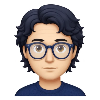 Man with wavy black hair in a comfortable navy blue sweater and glasses sticker