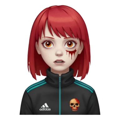 Crie um emoji de uma menina com o cabelo vermelho com uma franja reta zumbi casaco de gola alta da adidas sticker