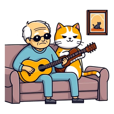  old blind man playing guitar  on the couch with his golden cat  sticker