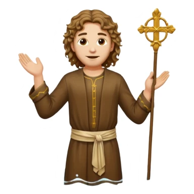 young man with wavy hair, saintly attire, standing in water, John the Baptist, emoji style sticker