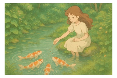 girl feeding koi fish in a pond sticker