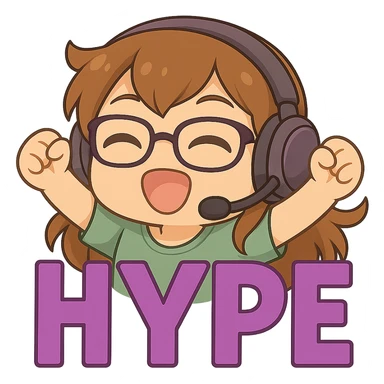Make the headset purple and add glasses to the girl, keeping the HYPE purple letters, chibi style, and energetic expression. Transparent background. sticker