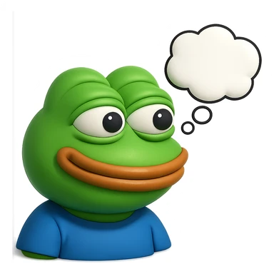 make a pepe in bright green smiling with thought bubble looking at right side in 3d style, good highlights and shadows, drop shadows sticker