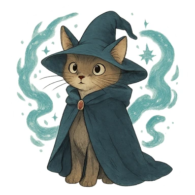 ghibli style wizard cat with a cloak and magical aura sticker