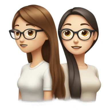 One white girl with straight reddish brown hair gossiping with a korean girl with long straight girl and circle frame glasses sticker