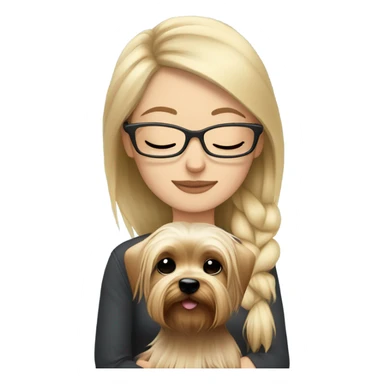 White girl, blonde hair, eyes closed, wearing glasses hugs Yorkshire terrier  sticker