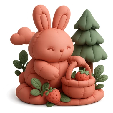 bunny picking strawberries in the woods, sweet pastel red, cushion style sticker