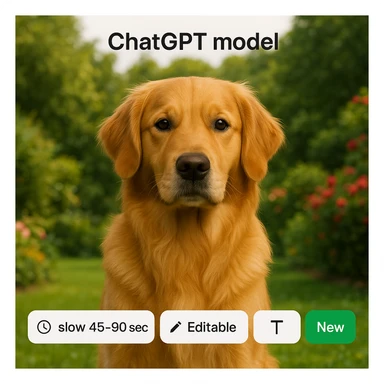 Move the 'ChatGPT model' title to the top and the other tags ('Speed icon: slow 45-90 secs', 'Editable', 'Text generation', 'New') to the bottom. Use a golden retriever in a garden as the background, seamless website style. sticker