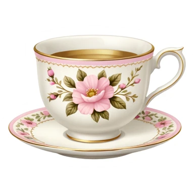 White teacup with baby pink floral antique print with gold accents  sticker