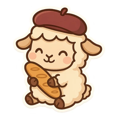 cartoon sheep with a beret and baguette, evoking French charm, chibi stickers style sticker
