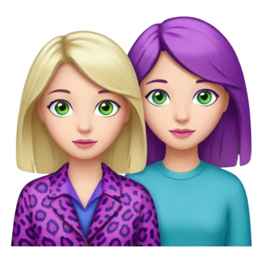 I want a brunette girl who really likes pink and leopard print, another blonde with blue eyes who likes blue, and another with light brown hair, green eyes, and purple and green colors. All together.   sticker
