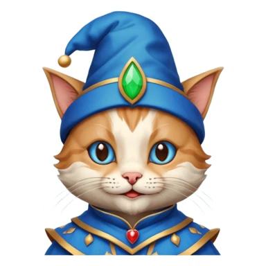 crazy colorful cute little cat jolly joker from poker, medieval, vintage, court jester, mac os icon, blue color, poker cards, mage sticker