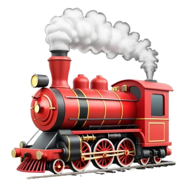 A 3D cartoon classic steam locomotive with a chimney releasing smoke, red and black body, bright sky background, Memoji-style rendering. sticker