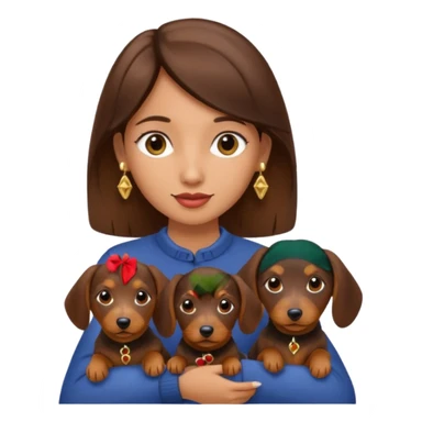 A brunette girl with gold earrings holding 3 small wirehaired dachshunds  sticker