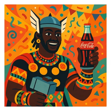 Thor, black face, traditional African clothing, holding a Coca Cola bottle, colorful background, vibrant, festive atmosphere sticker