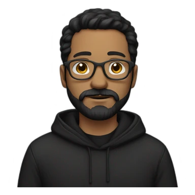 White man dark straight hair, moustache and beard, wearing a black hoodie, glasses sticker
