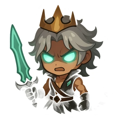 Make Viego more dramatic in chibi style, intensify his expression with glowing eyes, add swirling dark mist around him, and depict him in a more powerful pose. Keep no background (transparent). sticker