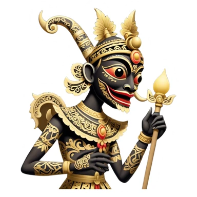 Wayang – Cinematic Realistic Wayang, depicted as intricately carved traditional Indonesian shadow puppets with expressive features and vibrant cultural motifs, set against a dark, dramatic backdrop with subtle glowing highlights that evoke the mystical art of shadow play. sticker