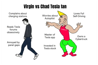 make virgin vs chad meme on tesla fan in above style  sticker