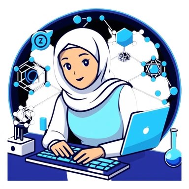 computer engineer with white hijab in blue clothes, surrounded by next-gen holographic displays showing 3D molecular structures, advanced algorithm visualizations, futuristic UI, quantum computing elements, digital brain patterns sticker