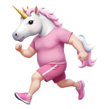 friendly anthropomorphised male white unicorn with an extra chunky, very strong and stocky build, arms and legs matching the white of the head, in grey shorts and pink t-shirt, wearing dark sunglasses, jogging upright in a relaxed pose sticker