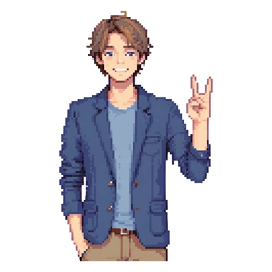 Flat pixel are, lively and clever male debater, fair skin, short messy light brown hair, sharp eyes with a mischievous smile, wearing indigo blazer over a casual t-shirt, one hand raised mid-gesture, waist-up, front-facing sticker