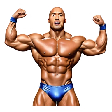 Dwayne 'The Rock' Johnson, covered in oil, striking a powerful pose on stage at the Mr. Universe bodybuilding championship. His muscles are clearly defined, exuding strength and charisma. The backdrop features a professional stage with judges and a cheering audience. Transparent background. sticker