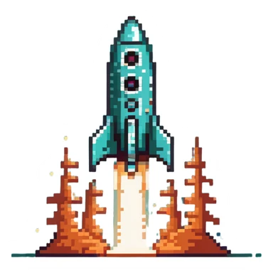 robotic teal spaceship launching to the right with rocket flames sticker