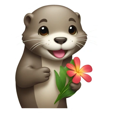 A happy and cute otter face with a Hawaiian flower-shaped pin, holding a heart in its hand. sticker