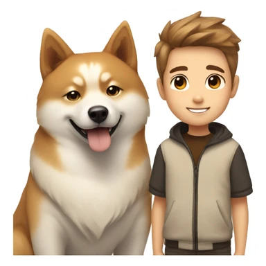 Light brown hairs boy with brown eyes and wide brows 12 years smiling together with dog shiba inu  sticker