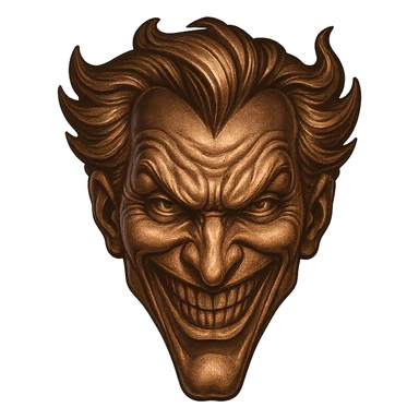 joker face with bronze metallic effect, mischievous grin, stylized sticker
