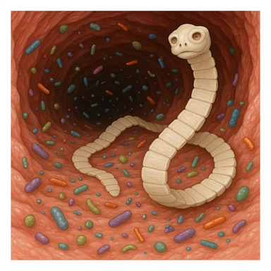 a medical illustration of a human realistic gut with bacteria and parasyte (tenia) sticker