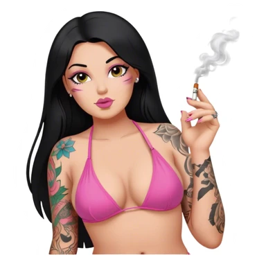 caucasian curvy girl, with tattoos, in pink bikini, smoking, with a long straight black hair  sticker