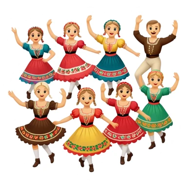 Cinematic Realistic Mazurka Dance Emoji, depicted as a lively traditional Polish folk dance scene with colorful costumes and spirited movement, rendered with dynamic textures and vibrant festive lighting that captures its rhythmic energy. sticker