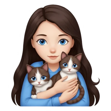 a pretty girl with long dark 
brown hair, with blue eyes, hugs 3 different natural coloured small cats sticker