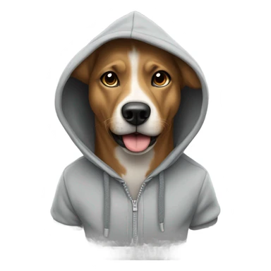 Dog warring a hoodie and to to sticker