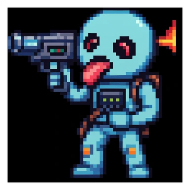 Make it pixel art style: Edit the emoji so it is putting the sci-fi blaster toward its tongue, keeping the pixel art style. sticker