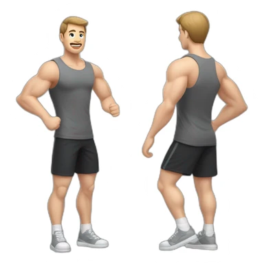 Full height realistic Actively gesturing with hands Pale skinned Fit Man With the biceps and brown hair in dark gray Sleeveless Mike, black oversize sports shorts, watch and white Sneakers sticker