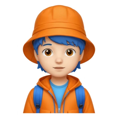 A little student with bucket hat, orange jacket, blue backpack sticker