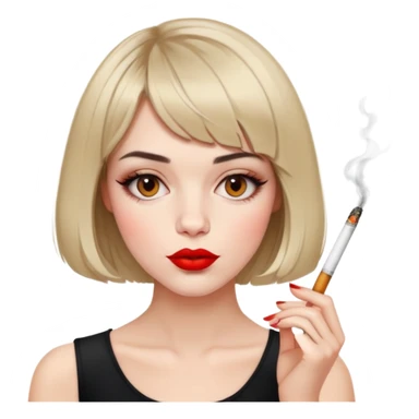 Alluring French girl french bob haircut tousled hair red lips and cigarette sticker
