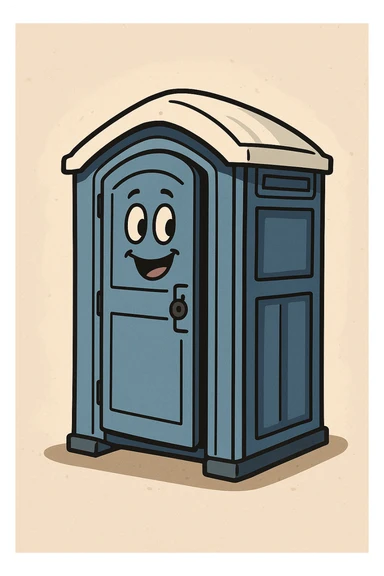 cartoon style portable toilet (portaloo), blue with white roof, door slightly open, fun and approachable sticker