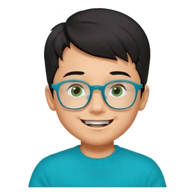 Chico de 7 años, pelo negro y repeinado pero con volumen hacia arriba, piel marrón clarito, gafas cuadradas azules, sonriente y sin 1 diente, jersey verde turquesa y ojos muy rasgados, Y NO redondeados sticker